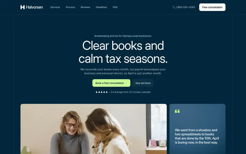 The Clear Ledger demo site, the home page on a laptop