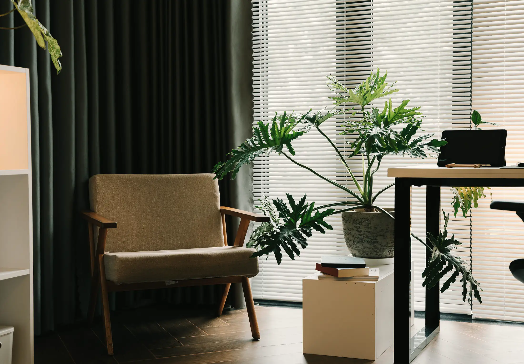 A quiet corner of the office: a linen armchair, a large plant and a desk by a window with the blinds half drawn.