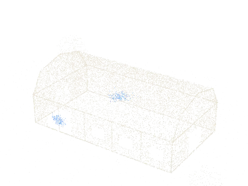 Point cloud of a barn with a gambrel roof converted into a workshop
