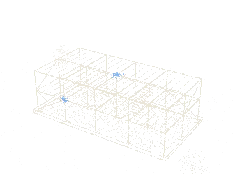 Point cloud of a two-storey structural frame: columns, beams, joists, cross bracing and a stair core
