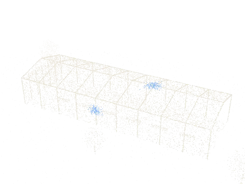 Point cloud of a long glulam market hall with a pitched roof on columns