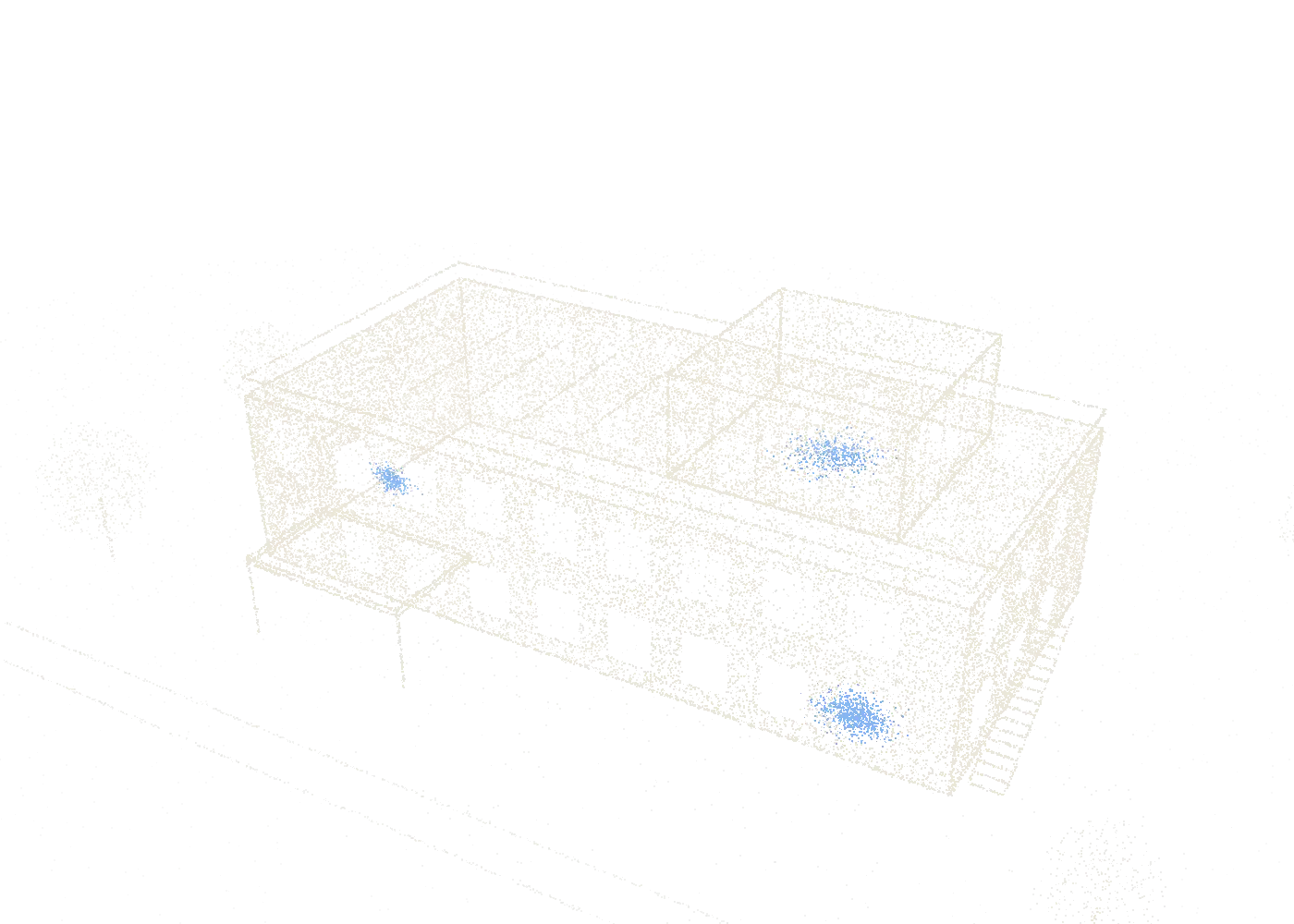 Point-cloud scan of a two-storey library with a taller glass atrium, an outside stair and an entrance canopy, with trees around it