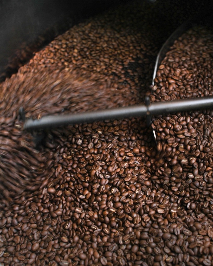 Freshly roasted coffee beans turning in the roaster's cooling tray under a stirring arm.