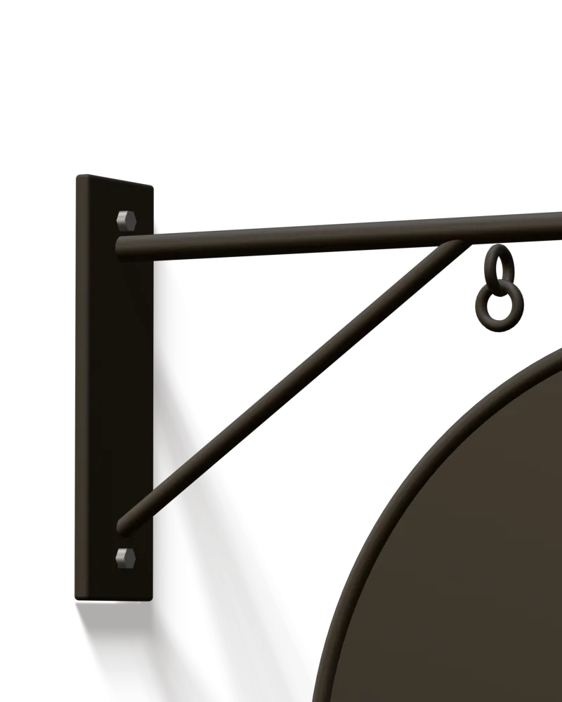 Detail: the wall plate, brace and eyelets that carry the sign.