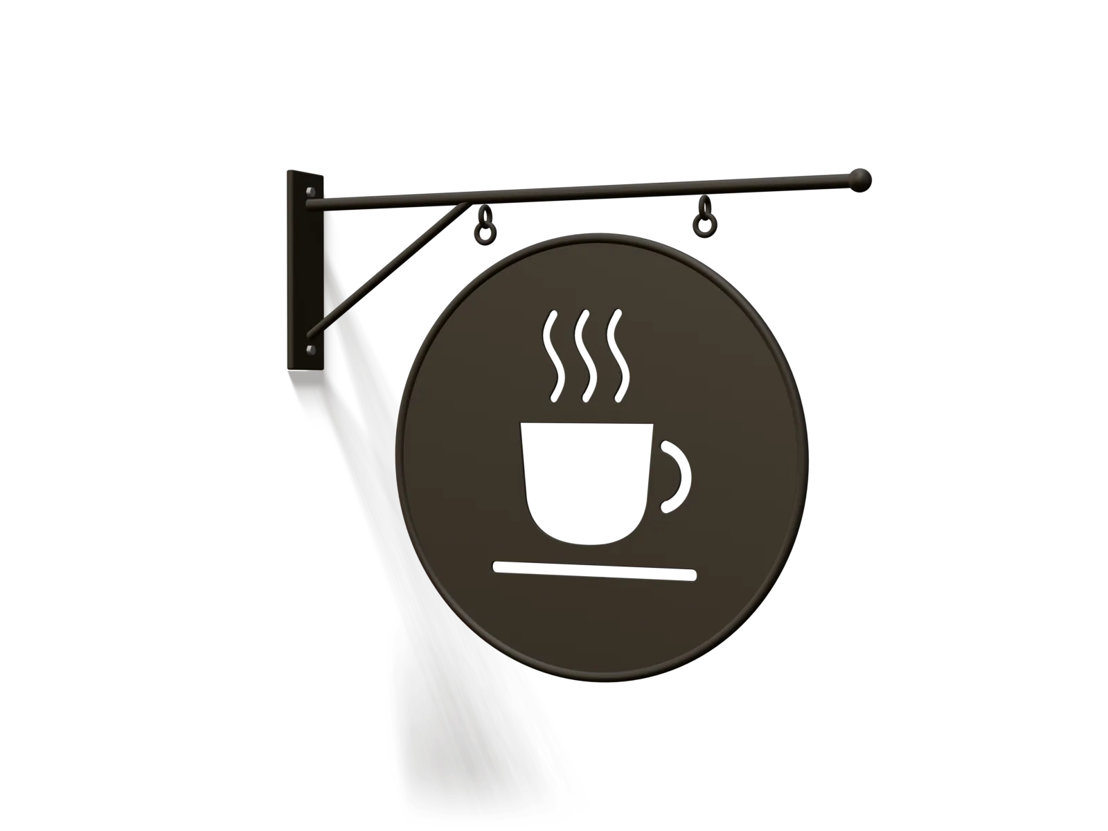 A round black steel blade sign with a coffee cup cut through it, hanging from a round-bar wall bracket.