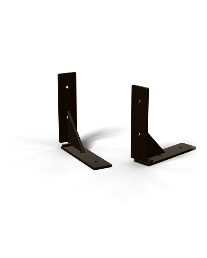 Two blackened bent-plate shelf brackets with gussets and screw holes.