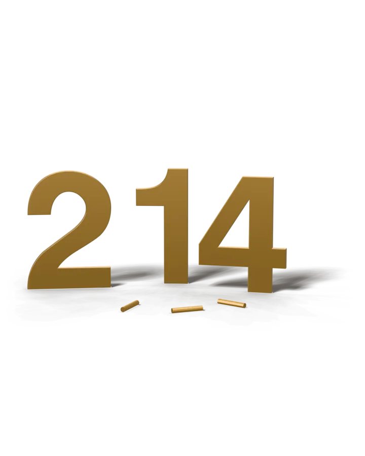 Waterjet-cut brass numerals 2, 1 and 4 standing in a row with their mounting pins.