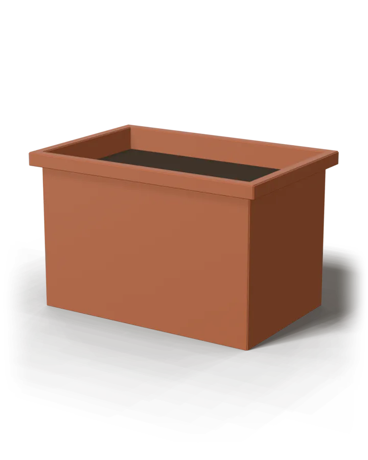A rectangular planter in oxide-red powder-coated steel with a folded lip.