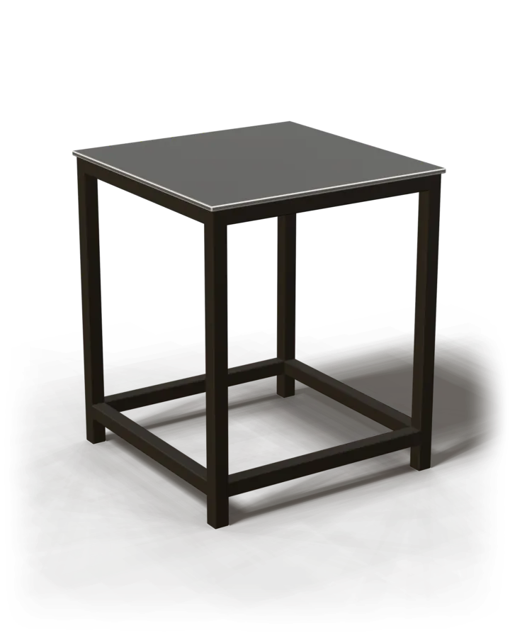 A black square-tube side table with a brushed steel top.