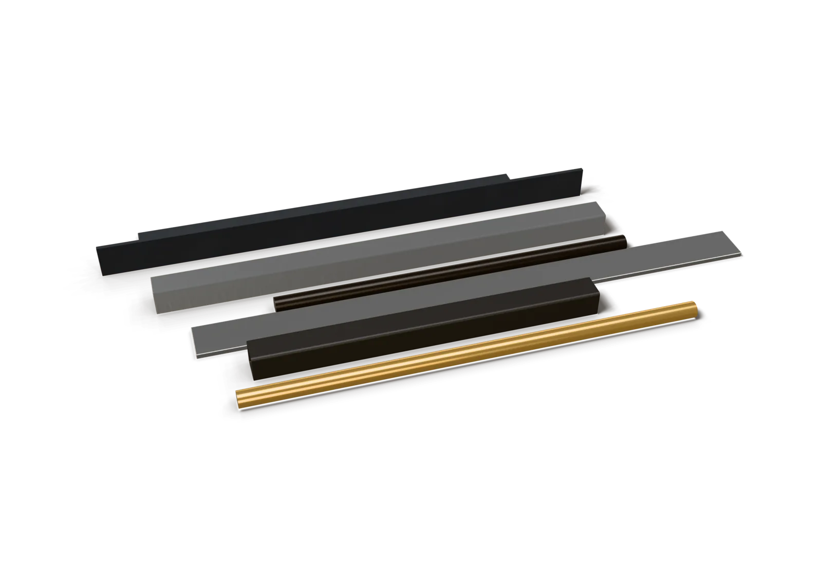 Offcuts of flat bar, angle, square tube and brass rod laid side by side.