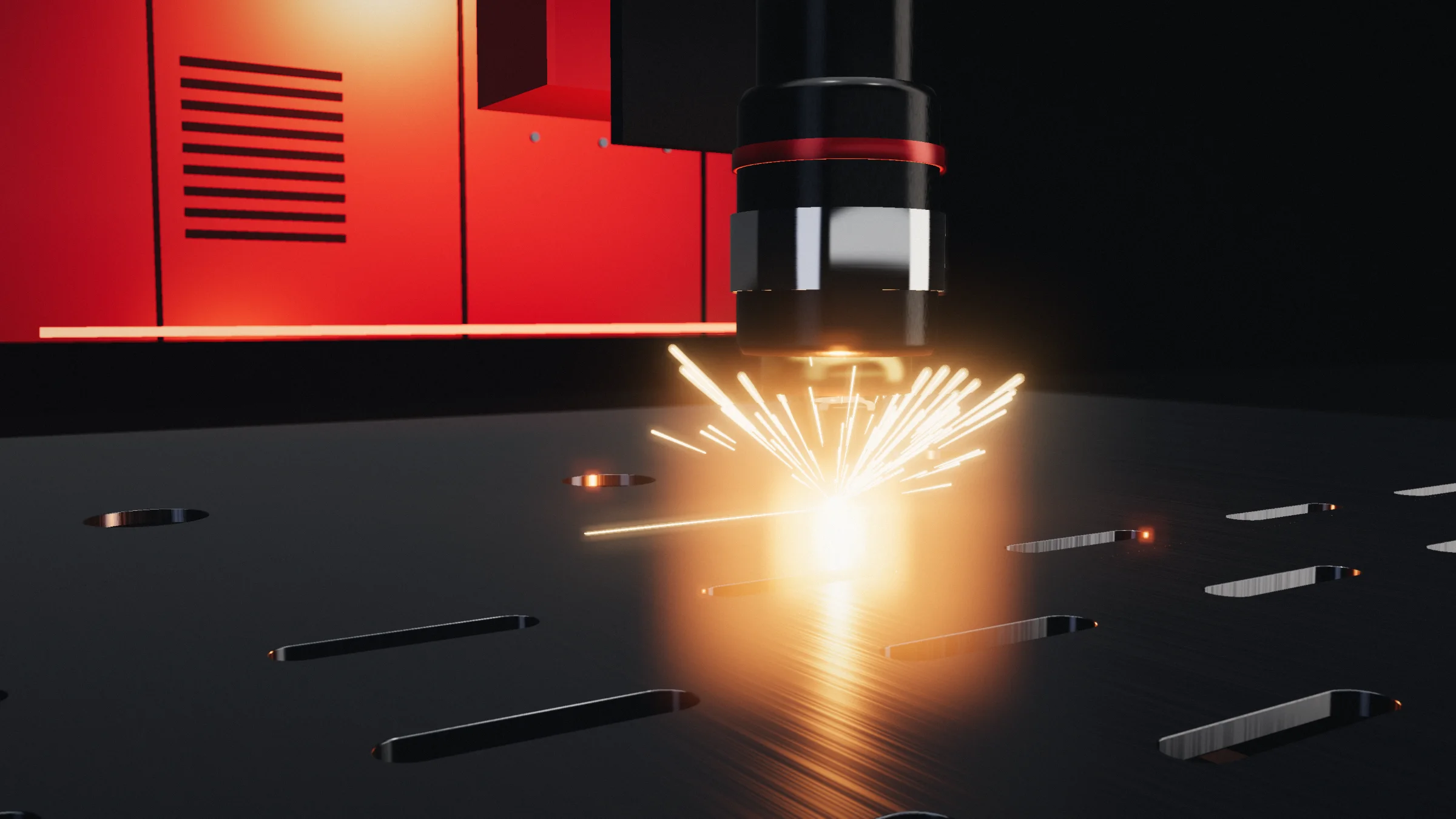 A fiber laser nozzle cutting a steel sheet, sparks spraying from the cut, a red machine housing behind
