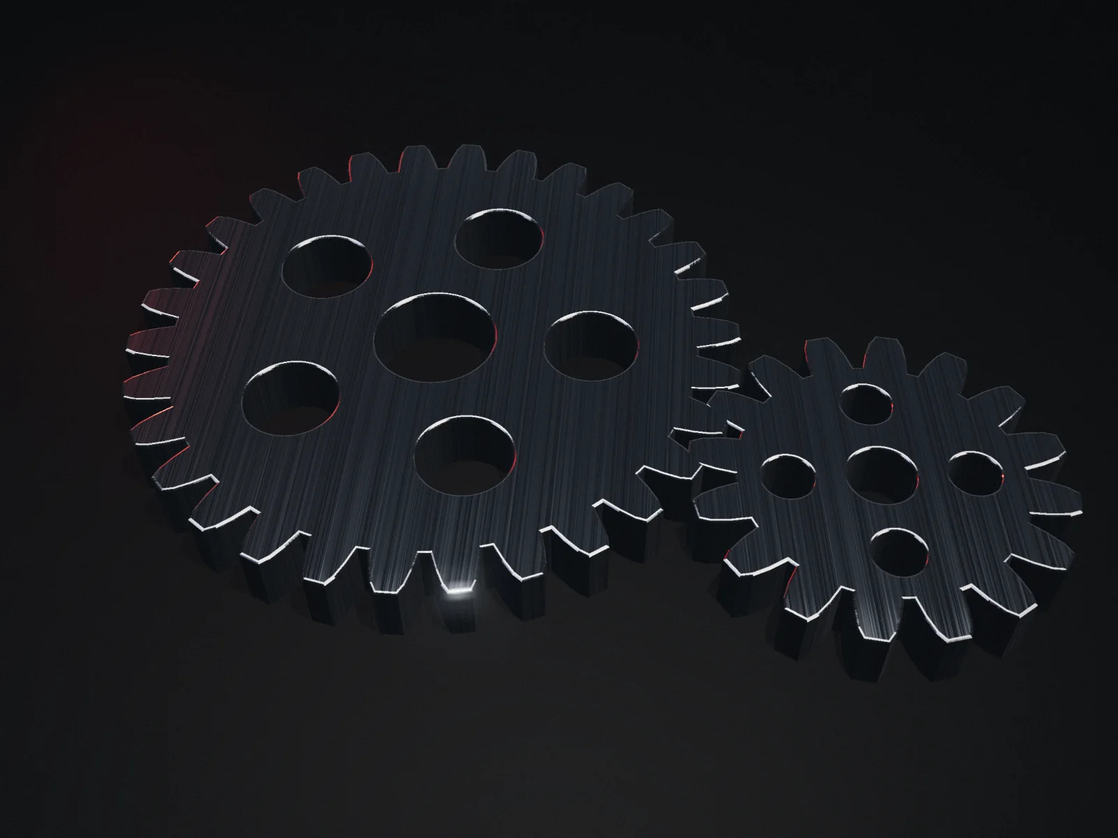 Two machined steel spur gears on a dark plate